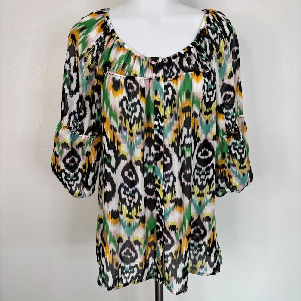 Anthropologie Vanessa Virginia Blouse Small 100% Silk Multicolor Ikat Sheer